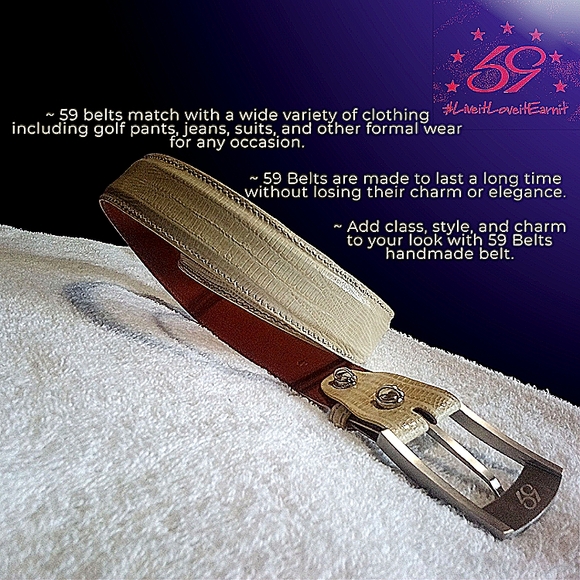 New 59 Belts | Customizable Handmade Genuine Lizard Belt | 40" Ivory | Made USA - Picture 7 of 16